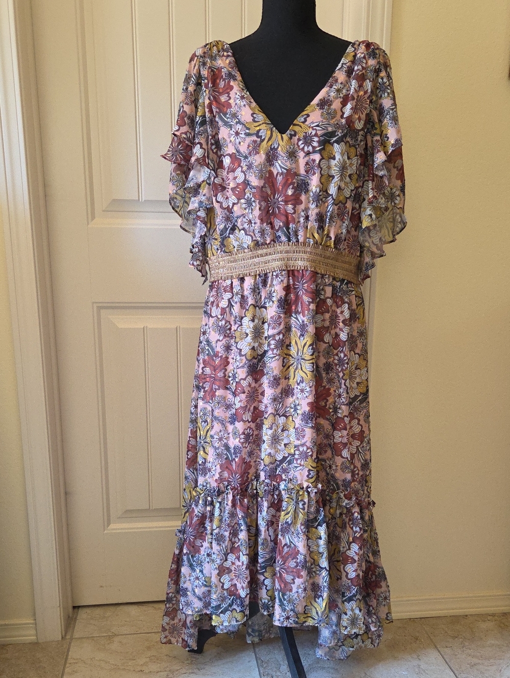 Taylor Floral Metallic Thread High Low Maxi Dress, Multi-Pink/Gold, Size 12/14